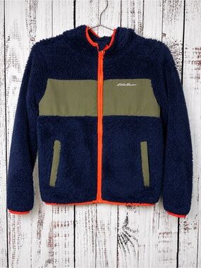 Eddie Bauer Kids Sherpa Fleece Jacket Blue Orange Full Zip Cozy Outdoor Size 7/8